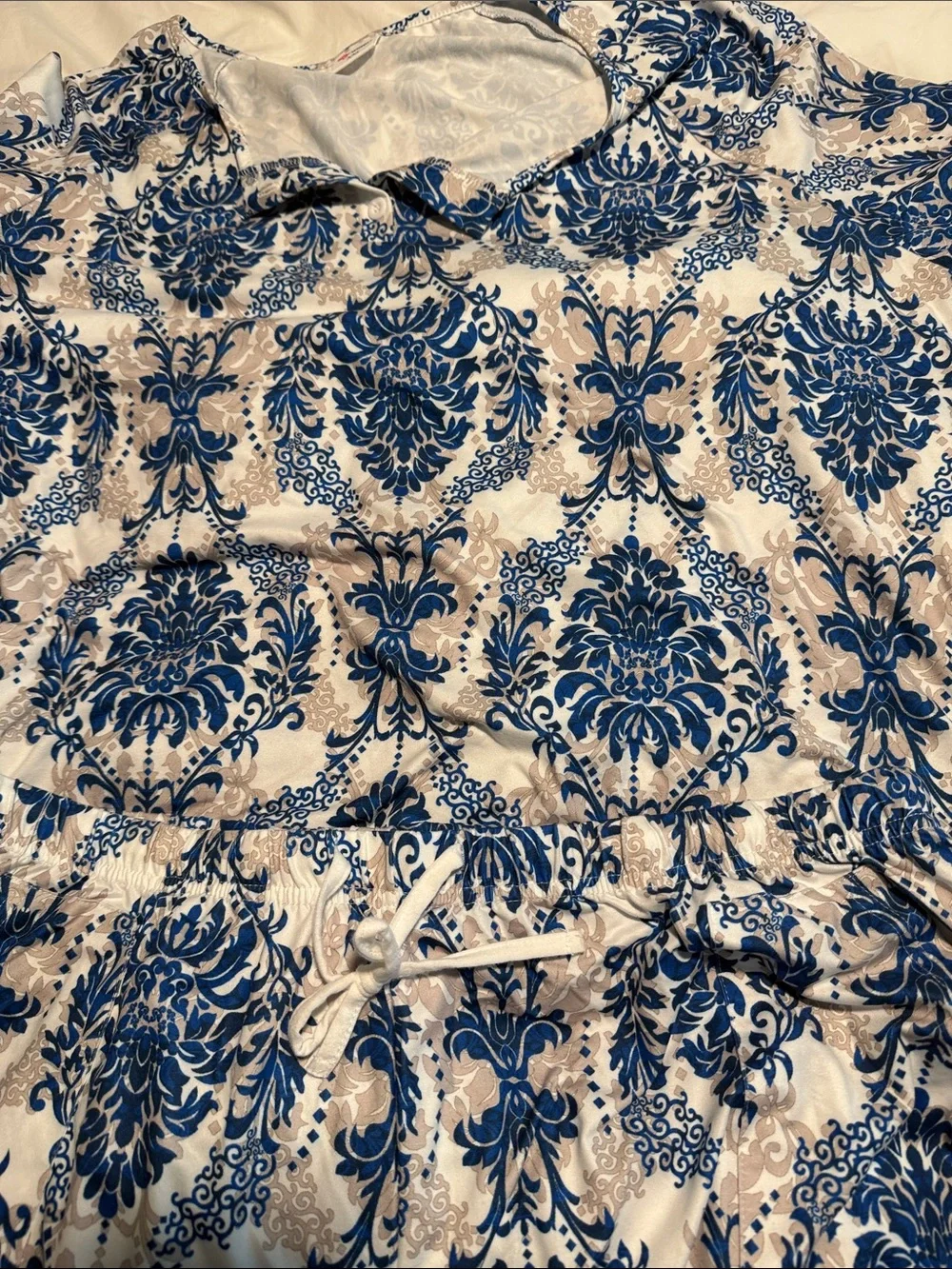 Blue, White and Beige Floral Print Matching Set Short Sleeve Top and Shorts  XXL